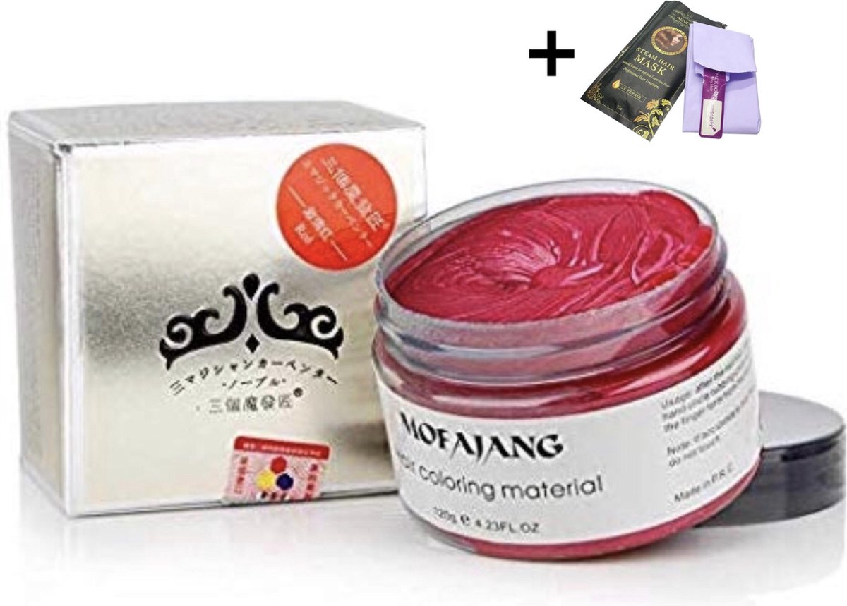 Mofajang Japanse Haarkleur wax|Rood|Inclusief haarmasker met haarcap|Haarverf|Tijdelijk haarkleur verandering|Carnaval/Cosplay natuurlijk haarcrème|